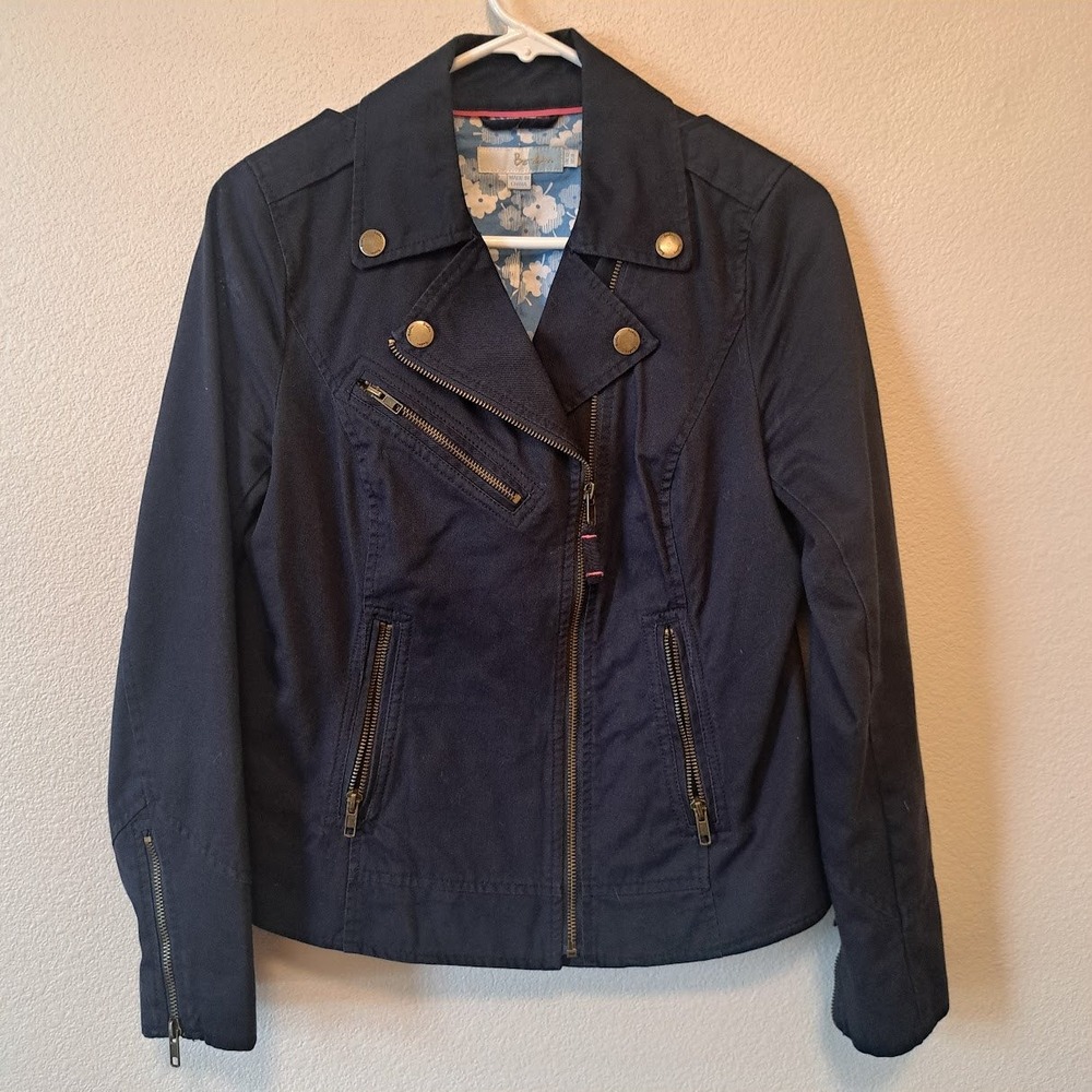 Boden Navy Blue Cotton Moto Jacket Floral Lining Asymmetric Zip WE435 Womens 8